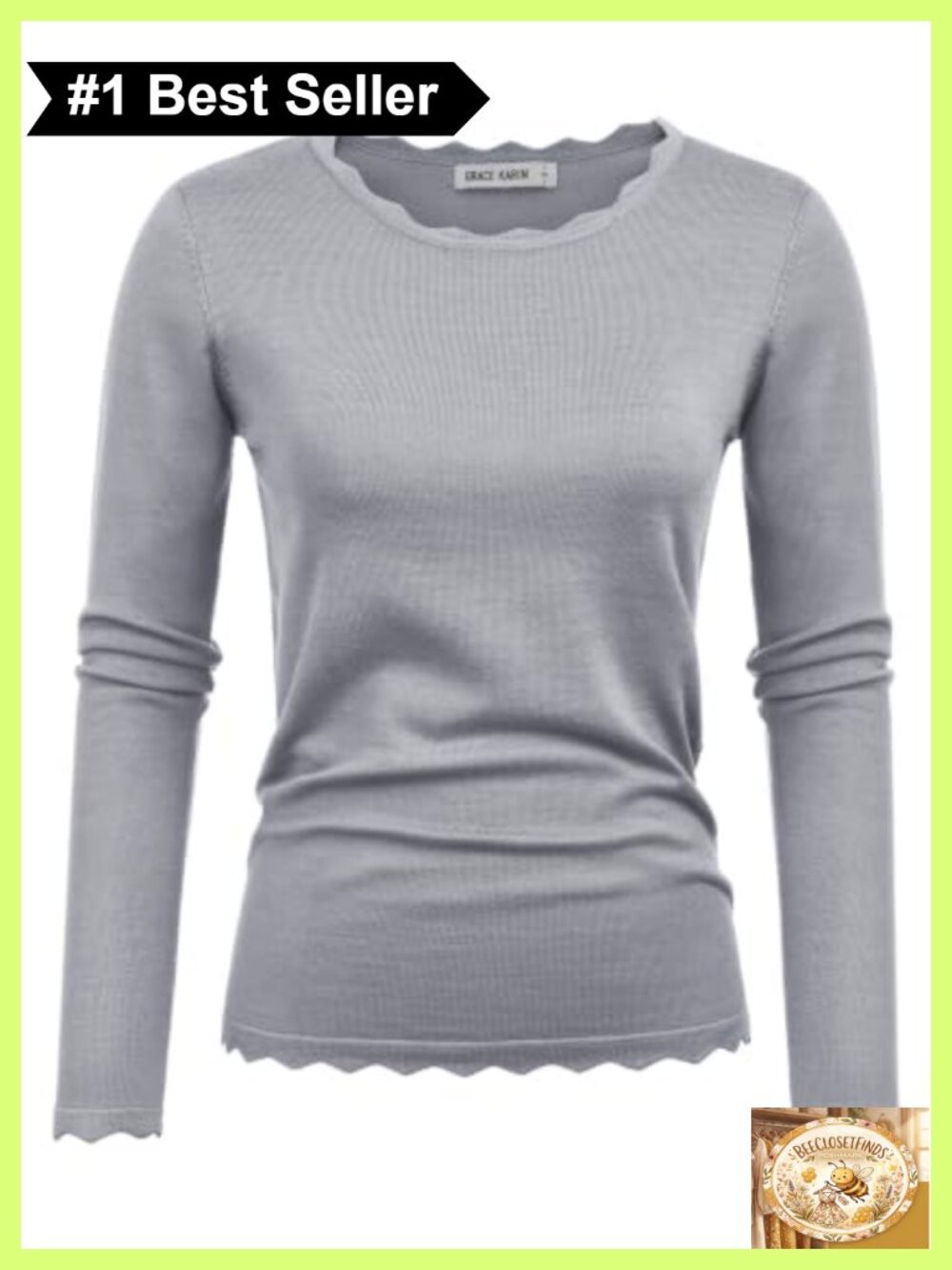 Scalloped Trim Crew Neck Pullover Sweater Long Sleeve Slim Fit Knit Top